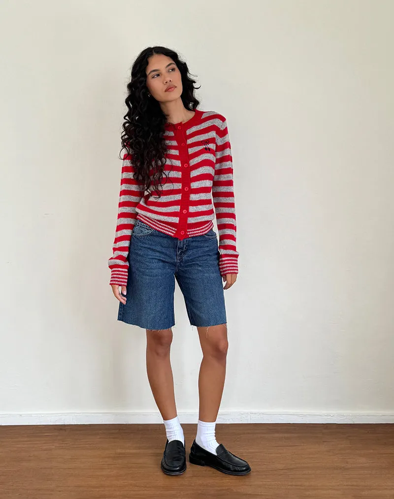 Henidar Cardigan in Red and Grey Stripe with Cherry Emb
