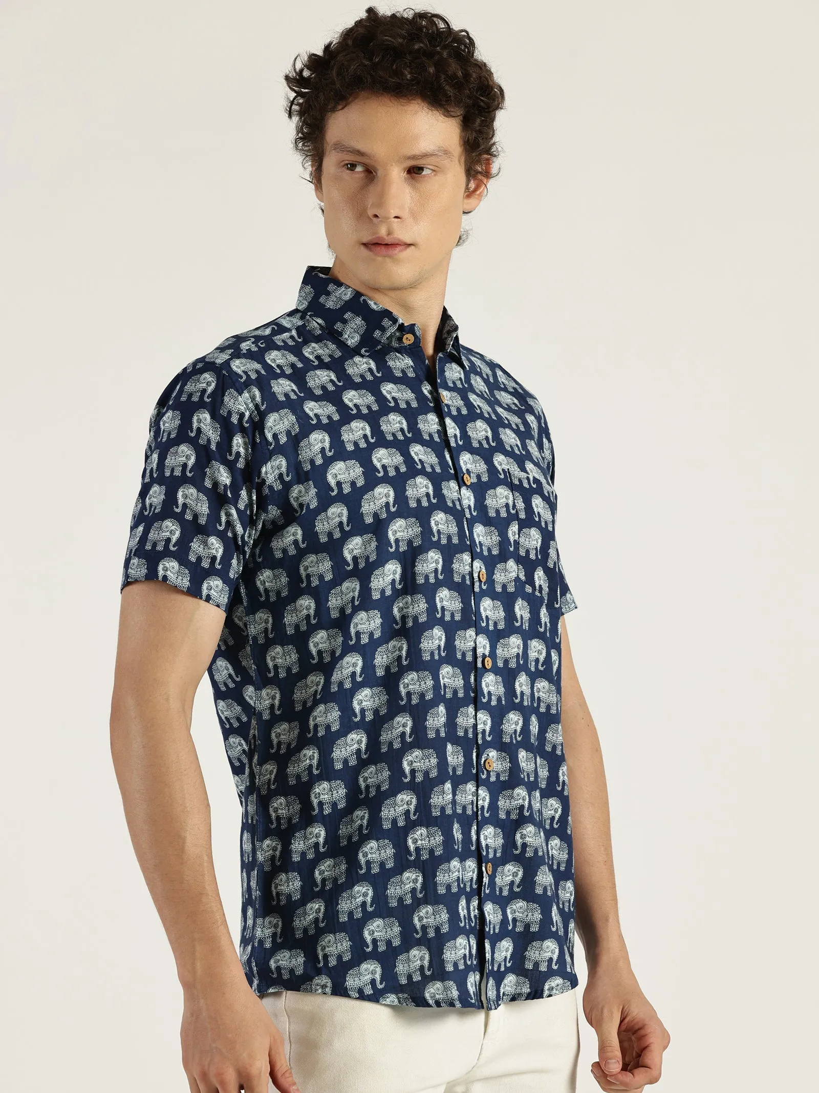 Indigo Ethnic Elephant Printed Halfsleeves Cotton Shirt