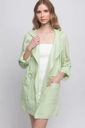 Light Green Open Front Hoodie Trench Linen Jacket