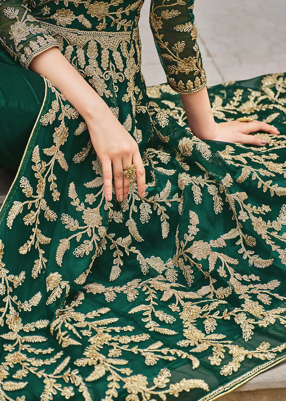 Lovely Bottle Green Designer Front Slit Anarkali Dress