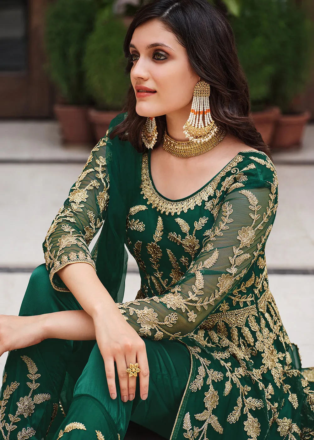 Lovely Bottle Green Designer Front Slit Anarkali Dress