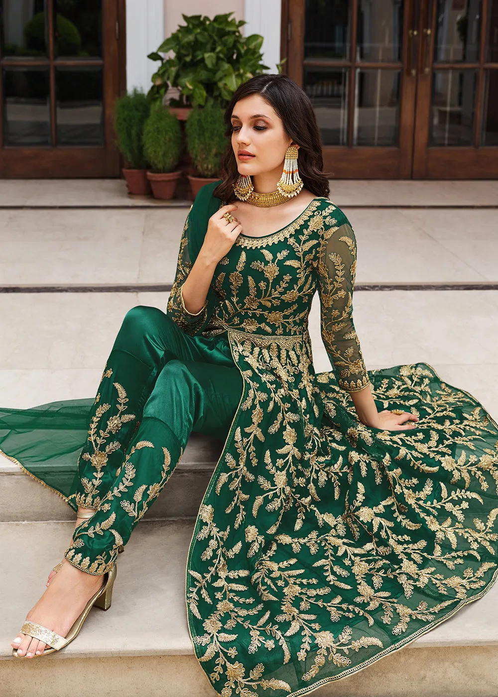 Lovely Bottle Green Designer Front Slit Anarkali Dress