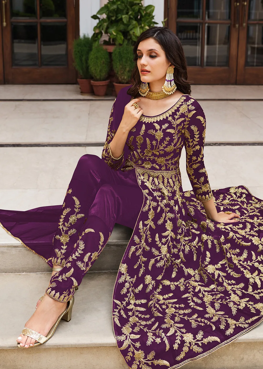 Lovely Plum Purple Designer Front Slit Anarkali Dress