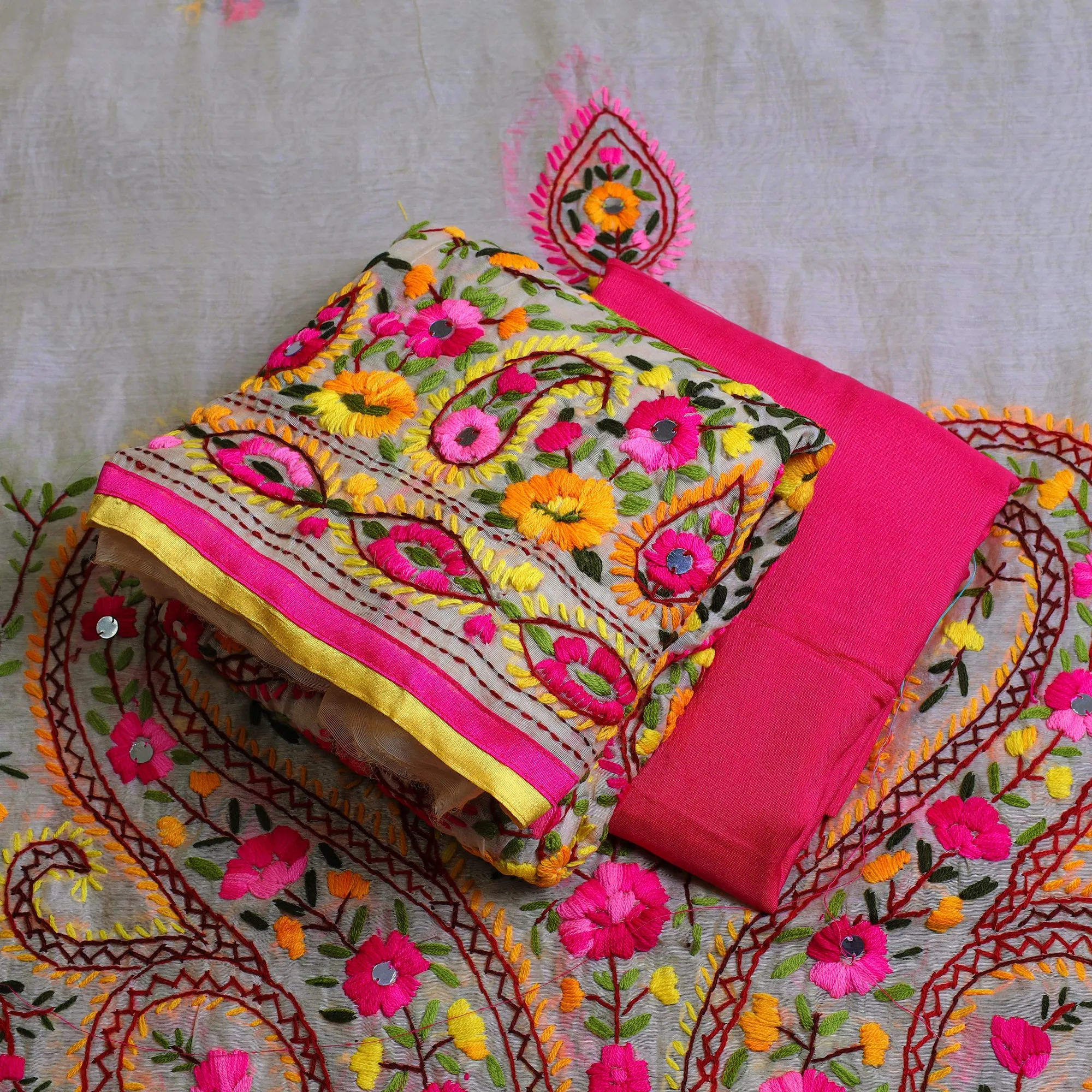 Multicolor - 3pc Hand Embroidery Chanderi Silk Phulkari Dress Material 50