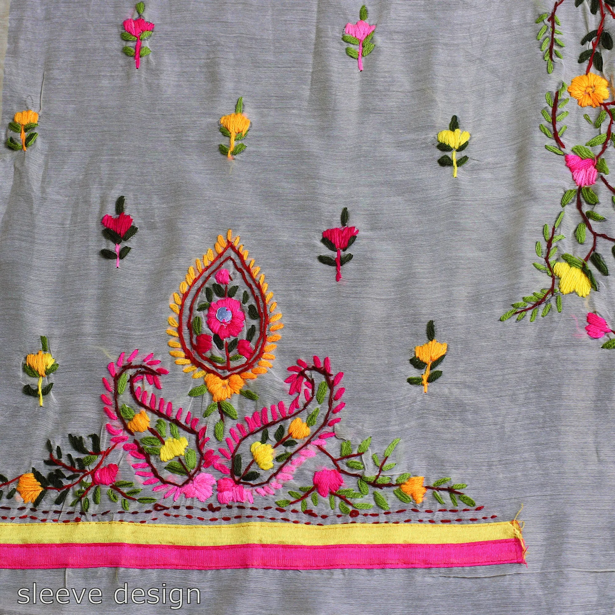 Multicolor - 3pc Hand Embroidery Chanderi Silk Phulkari Dress Material 50