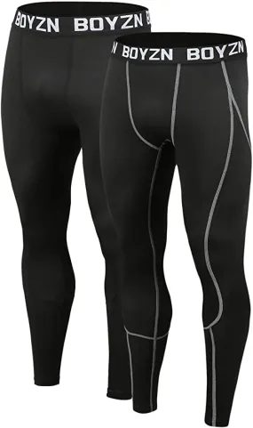 New Boyzn Men's 2 Pack Sports Compression Pants Quick Dry Active Base Layer Tights Workout Running Leggings with Pockets, Fits 32" Waist!