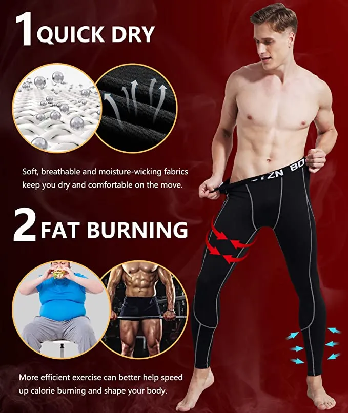 New Boyzn Men's 2 Pack Sports Compression Pants Quick Dry Active Base Layer Tights Workout Running Leggings with Pockets, Fits 32" Waist!