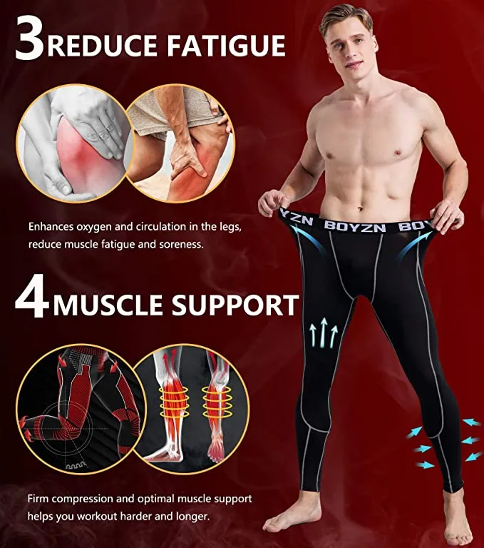 New Boyzn Men's 2 Pack Sports Compression Pants Quick Dry Active Base Layer Tights Workout Running Leggings with Pockets, Fits 32" Waist!