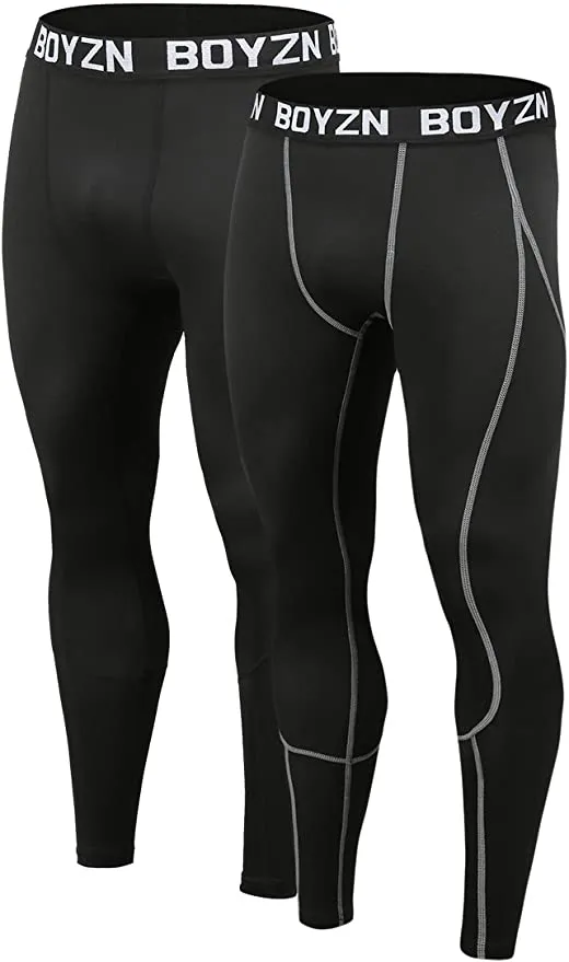 New Boyzn Men's 2 Pack Sports Compression Pants Quick Dry Active Base Layer Tights Workout Running Leggings with Pockets, Fits 32" Waist!