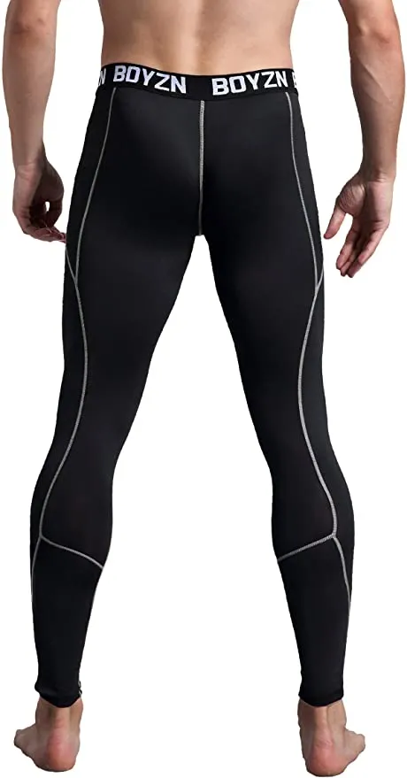 New Boyzn Men's 2 Pack Sports Compression Pants Quick Dry Active Base Layer Tights Workout Running Leggings with Pockets, Fits 32" Waist!