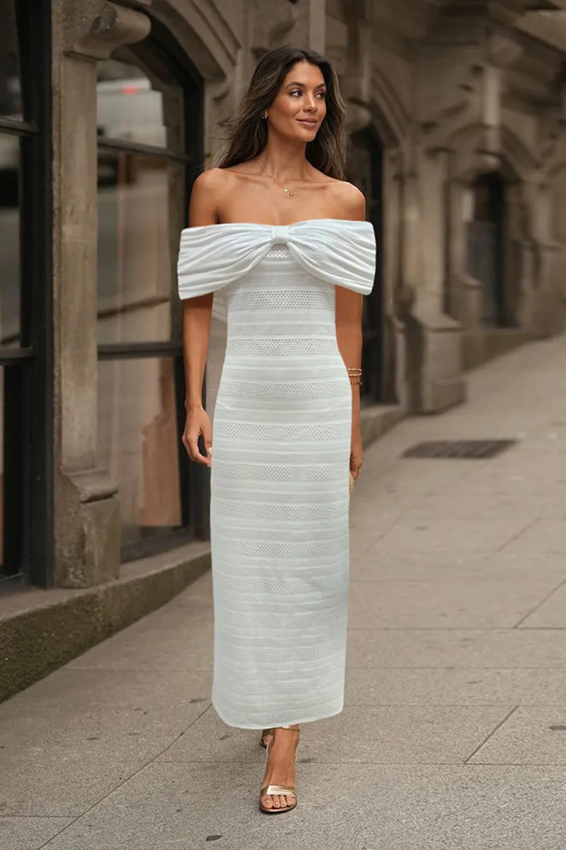 Off Shoulder Front Bow Cutout Maxi Bodycon Dress