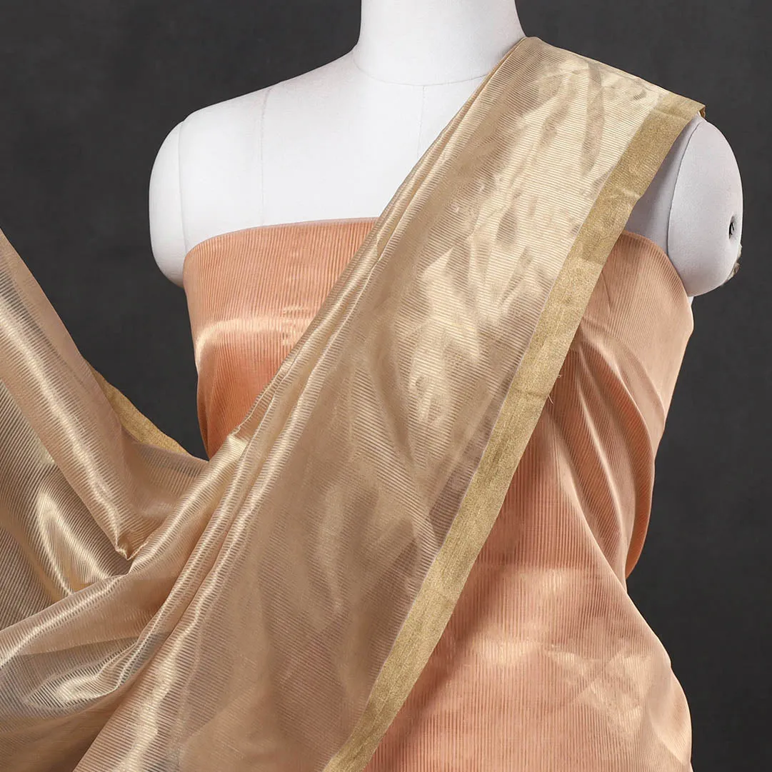 Peach - 2pc Maheshwari Silk Handloom Tissue Zari Stripes Suit Material Set