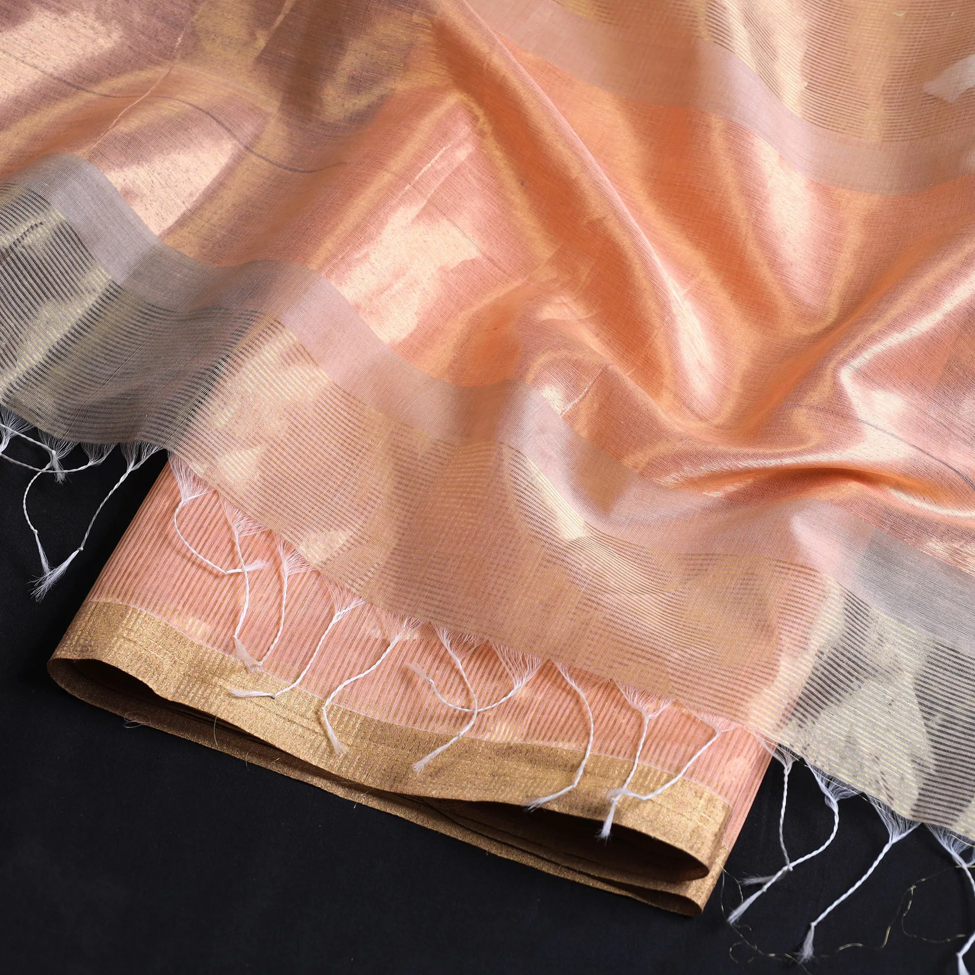 Peach - 2pc Maheshwari Silk Handloom Tissue Zari Stripes Suit Material Set