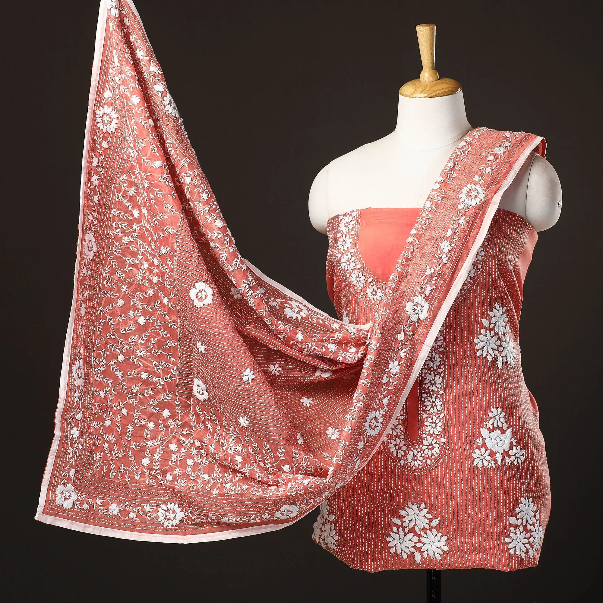Peach - 3pc Hand Embroidery Silk Cotton Phulkari Dress Material 26