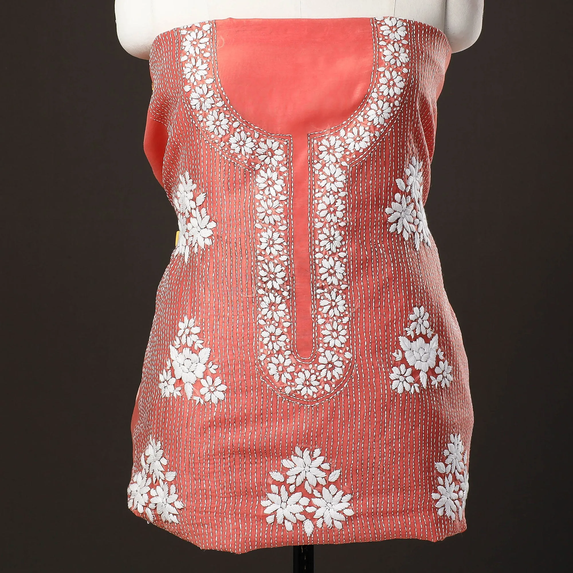 Peach - 3pc Hand Embroidery Silk Cotton Phulkari Dress Material 26