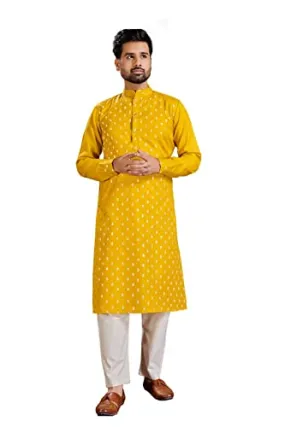 PERFECTBLUE Men's Cotton Printed Kurta (Banwery-2_Variation) (XX-Large, Yellow)