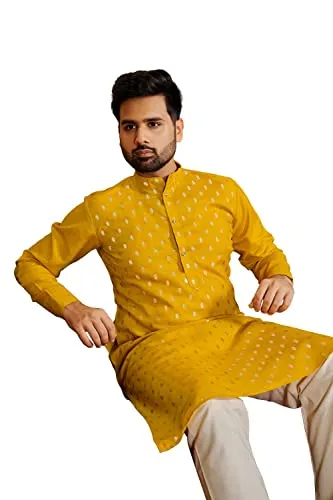 PERFECTBLUE Men's Cotton Printed Kurta (Banwery-2_Variation) (XX-Large, Yellow)