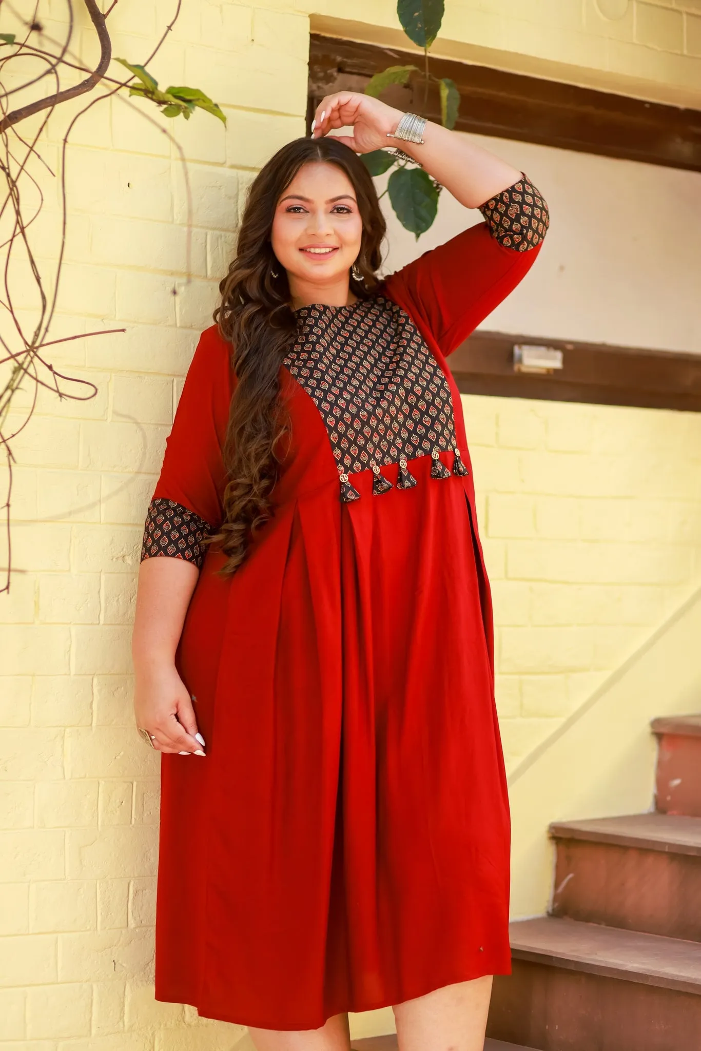 Plus Size Rustique Maroon Ethnic Patch Dress