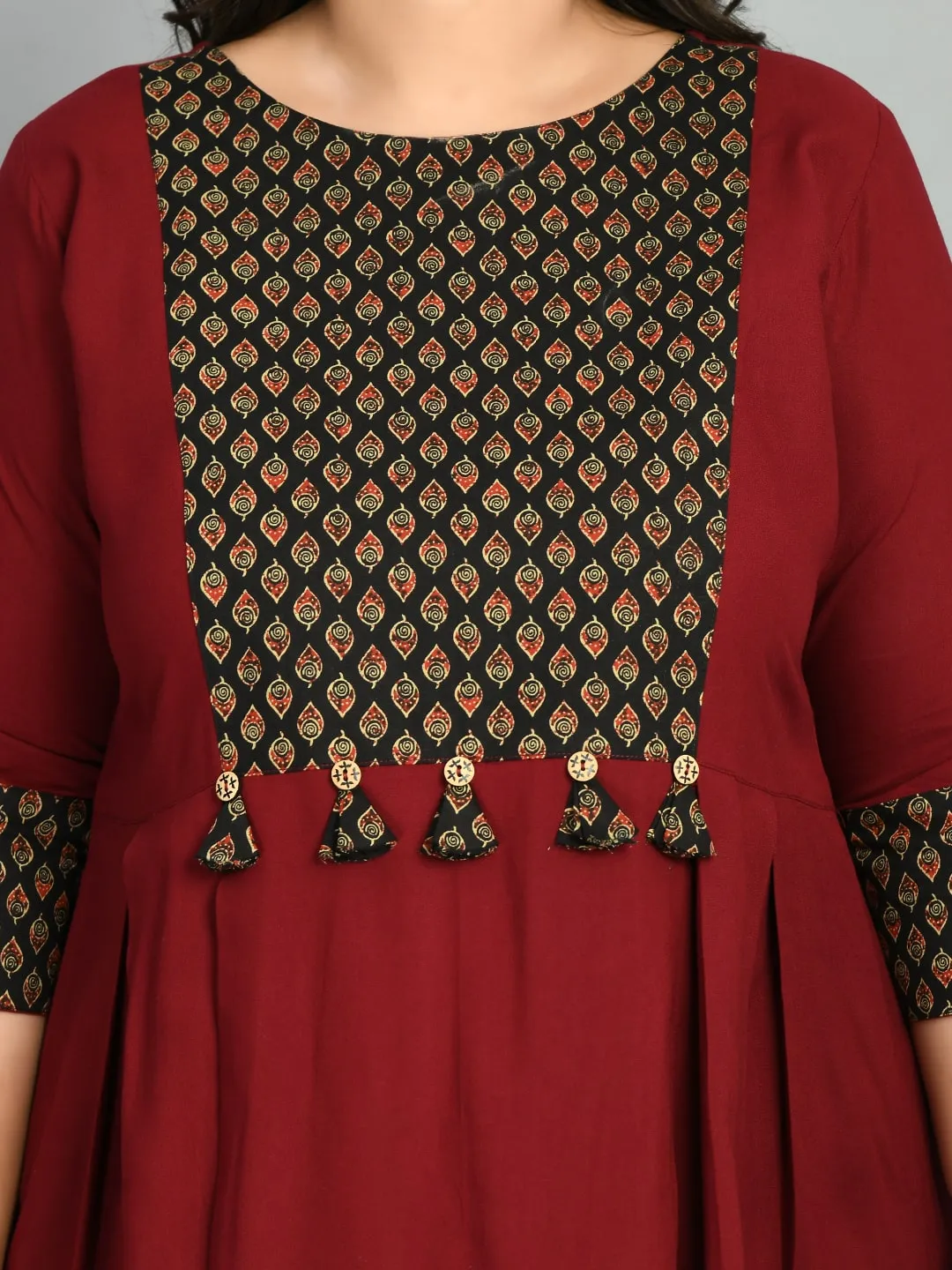 Plus Size Rustique Maroon Ethnic Patch Dress