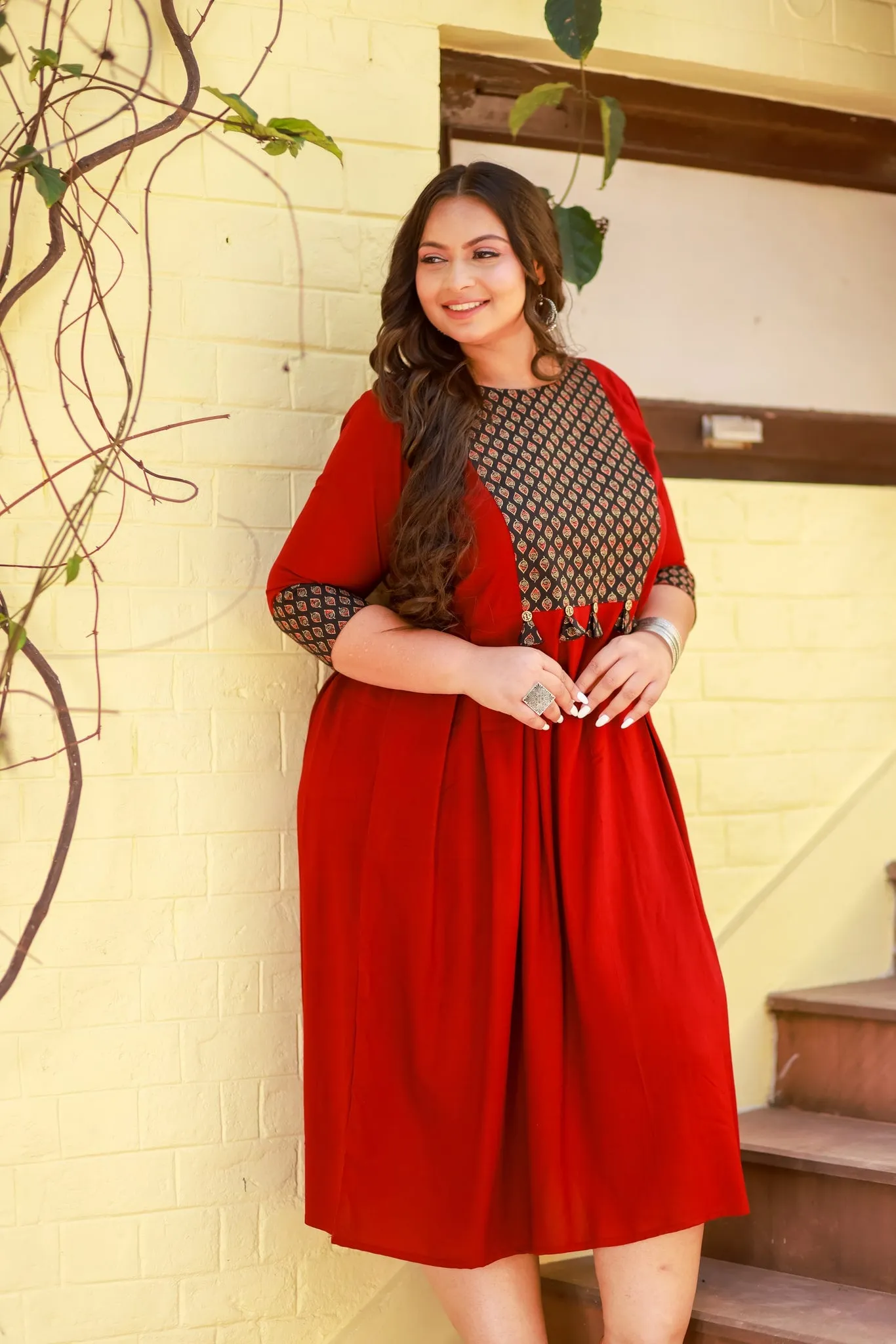 Plus Size Rustique Maroon Ethnic Patch Dress