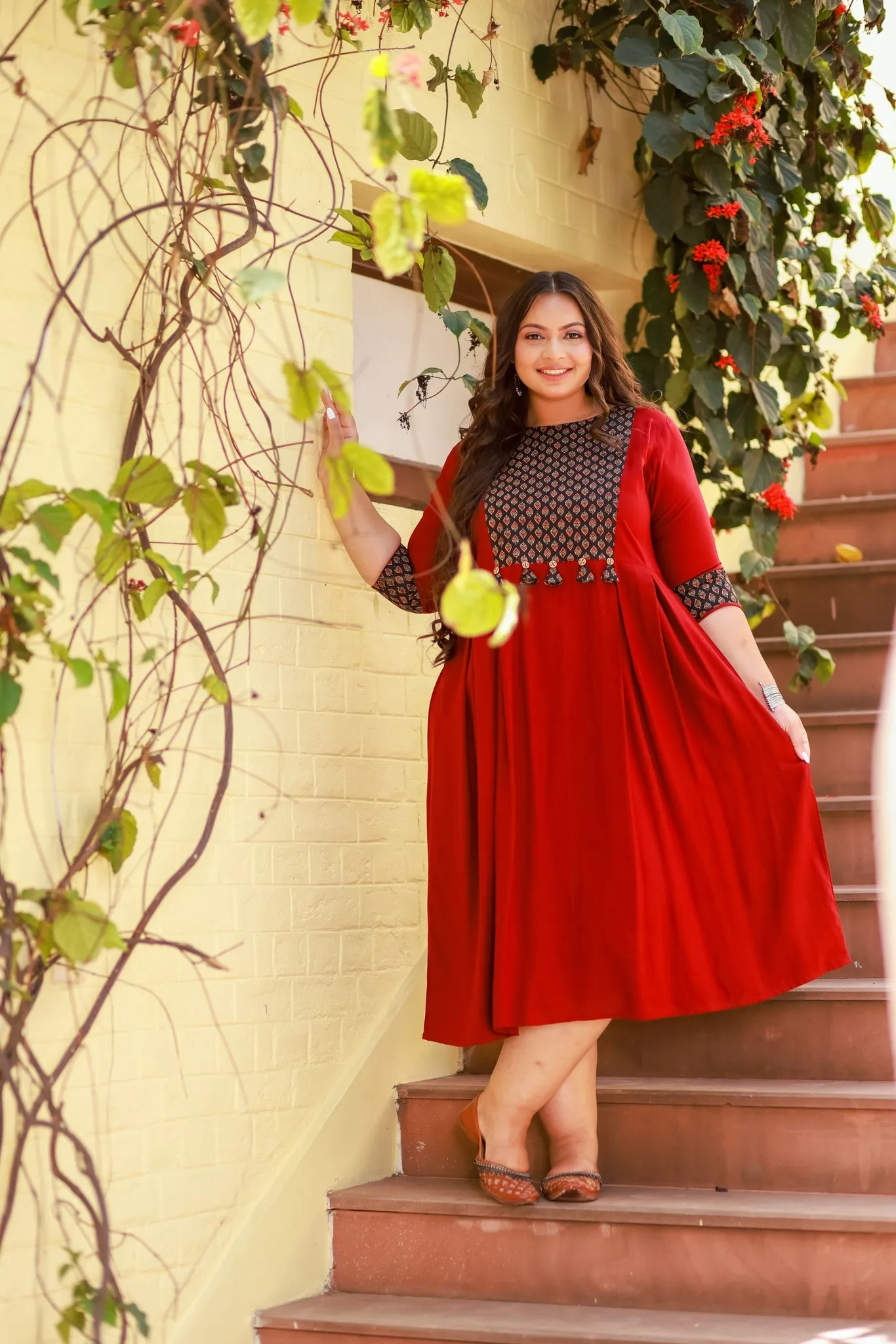 Plus Size Rustique Maroon Ethnic Patch Dress