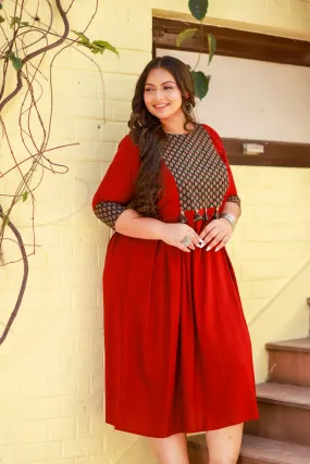 Plus Size Rustique Maroon Ethnic Patch Dress