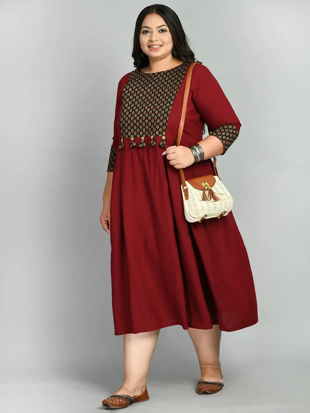 Plus Size Rustique Maroon Ethnic Patch Dress