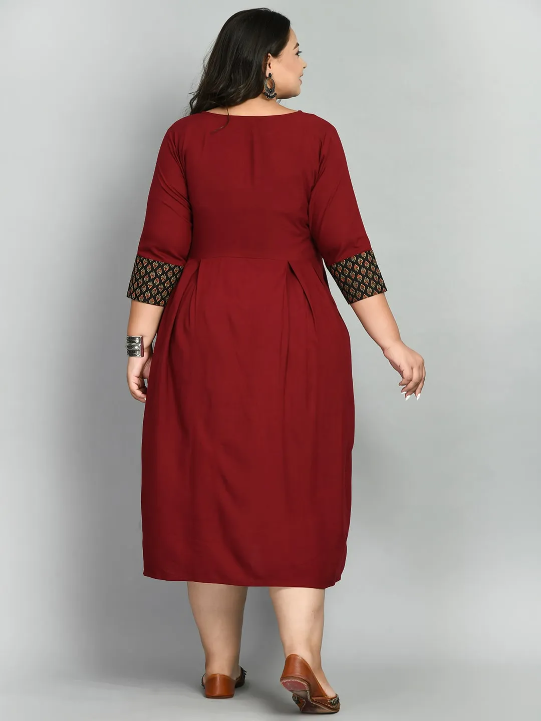 Plus Size Rustique Maroon Ethnic Patch Dress