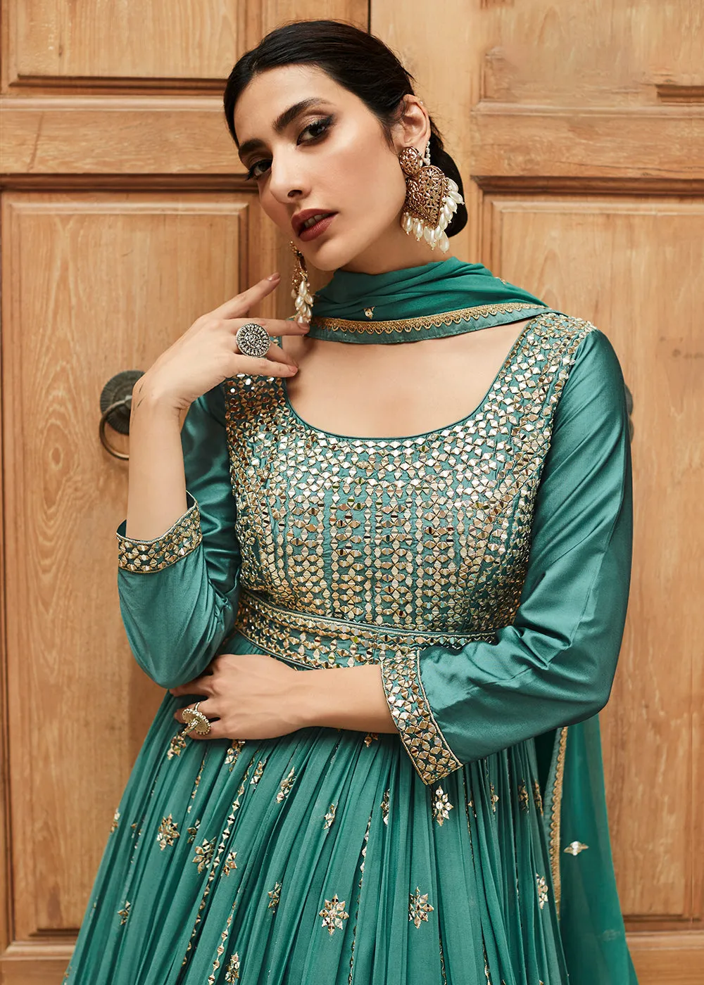 Premium Georgette Aqua Green Embellished Anarkali Dress