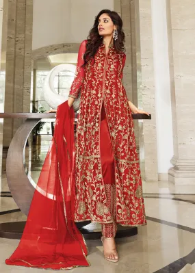 Pretty Cherry Red Designer Front Slit Anarkali Dress