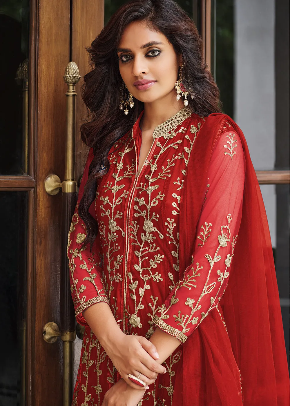 Pretty Cherry Red Designer Front Slit Anarkali Dress