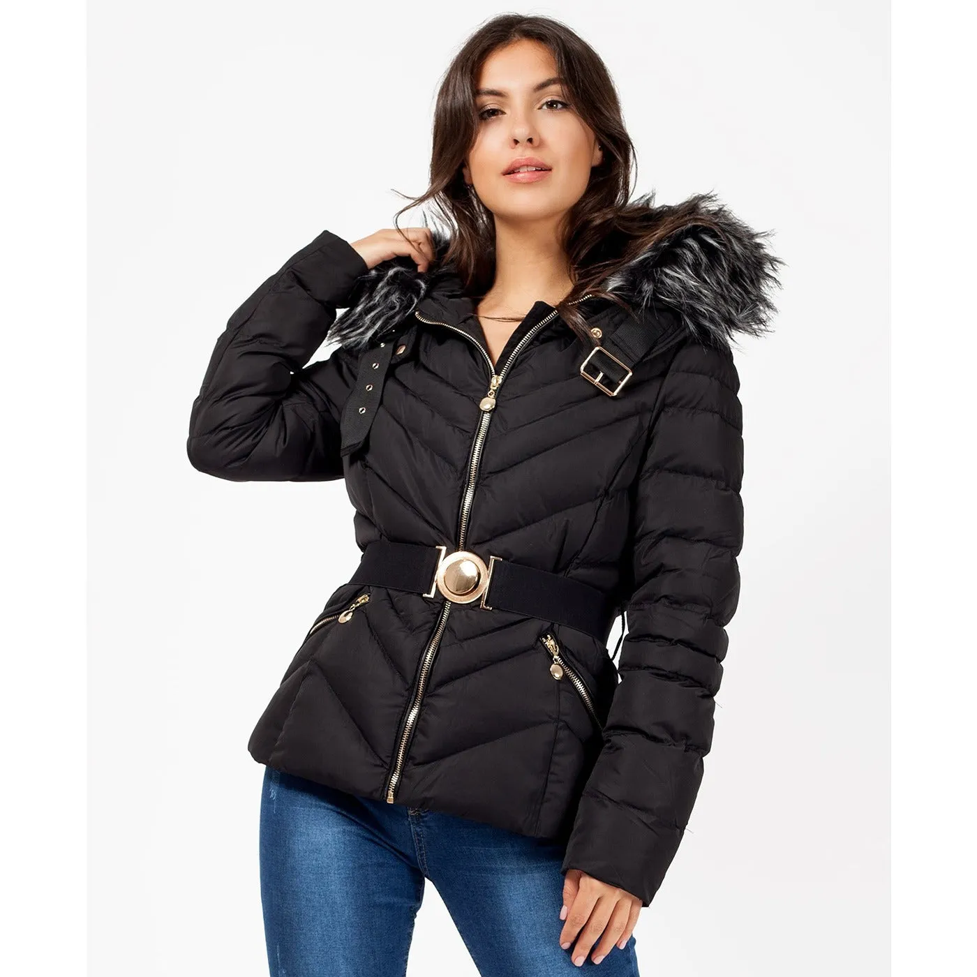 Quilted Faux Fur Hood Belted Bubble Puffer Jacket