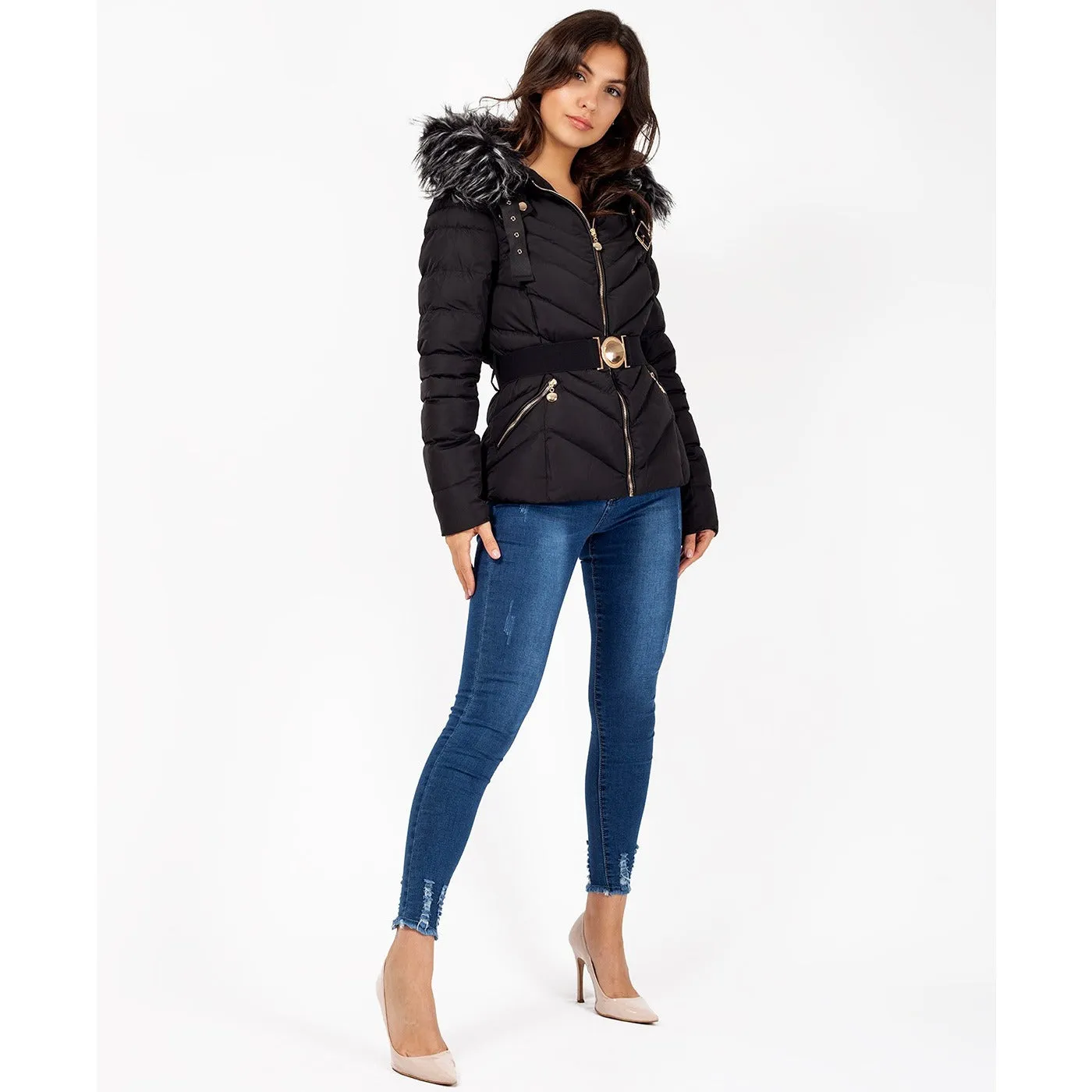 Quilted Faux Fur Hood Belted Bubble Puffer Jacket