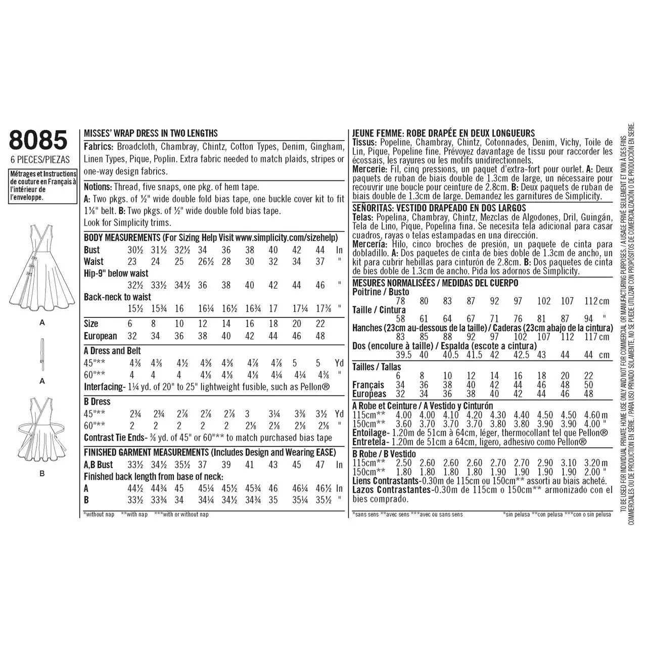 Simplicity Pattern S8085 Misses' Vintage 1950s Wrap Dress in 2 Lengths