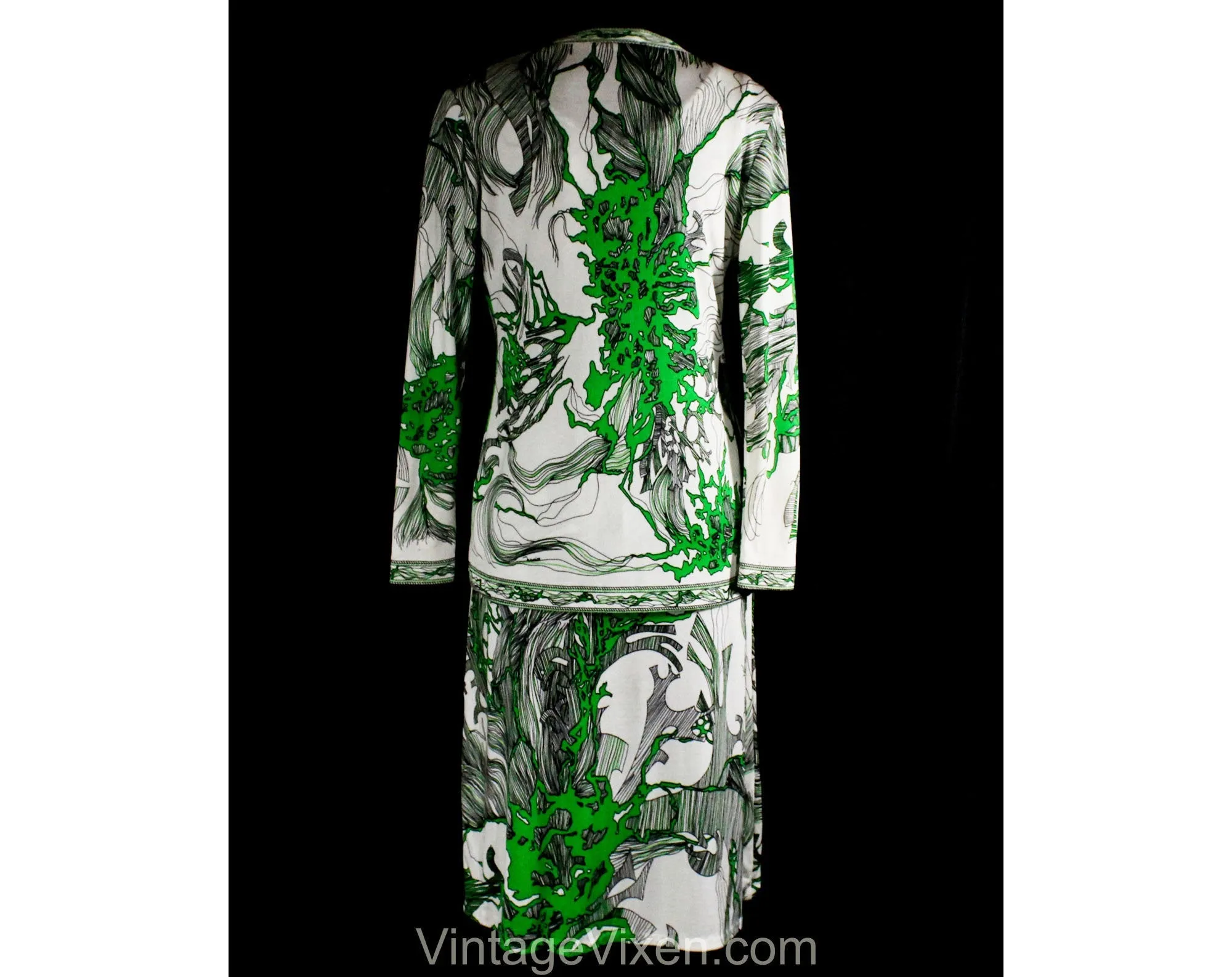 Size 10 Botanical Print Dress & Jacket Set by Maurice - Medium 1960s Designer Boutique Label - Kelly Green Black White Aquatica - Bust 36.5