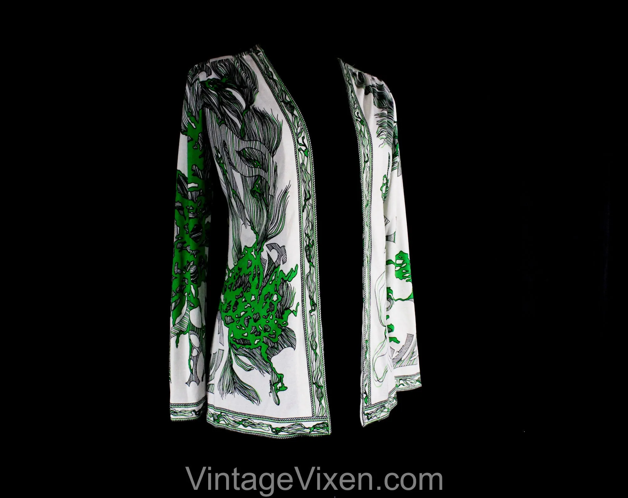 Size 10 Botanical Print Dress & Jacket Set by Maurice - Medium 1960s Designer Boutique Label - Kelly Green Black White Aquatica - Bust 36.5