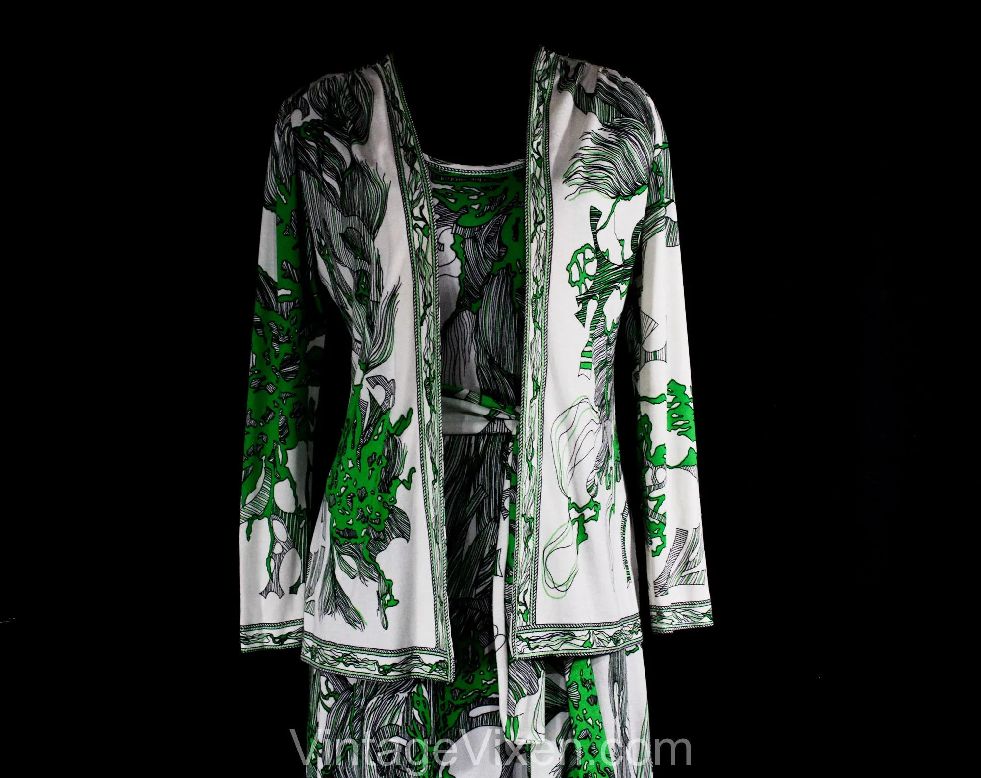 Size 10 Botanical Print Dress & Jacket Set by Maurice - Medium 1960s Designer Boutique Label - Kelly Green Black White Aquatica - Bust 36.5
