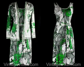 Size 10 Botanical Print Dress & Jacket Set by Maurice - Medium 1960s Designer Boutique Label - Kelly Green Black White Aquatica - Bust 36.5