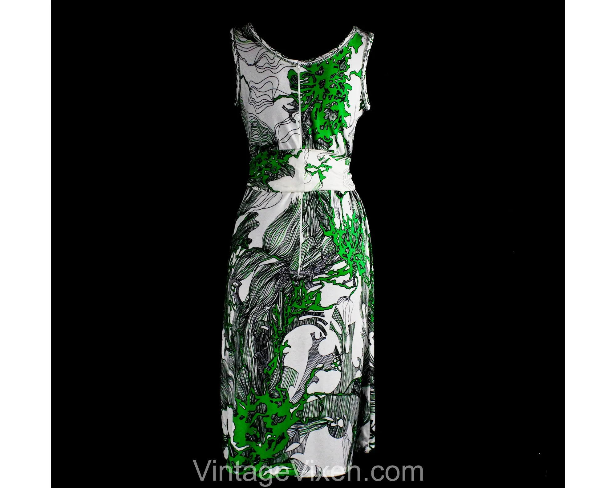 Size 10 Botanical Print Dress & Jacket Set by Maurice - Medium 1960s Designer Boutique Label - Kelly Green Black White Aquatica - Bust 36.5