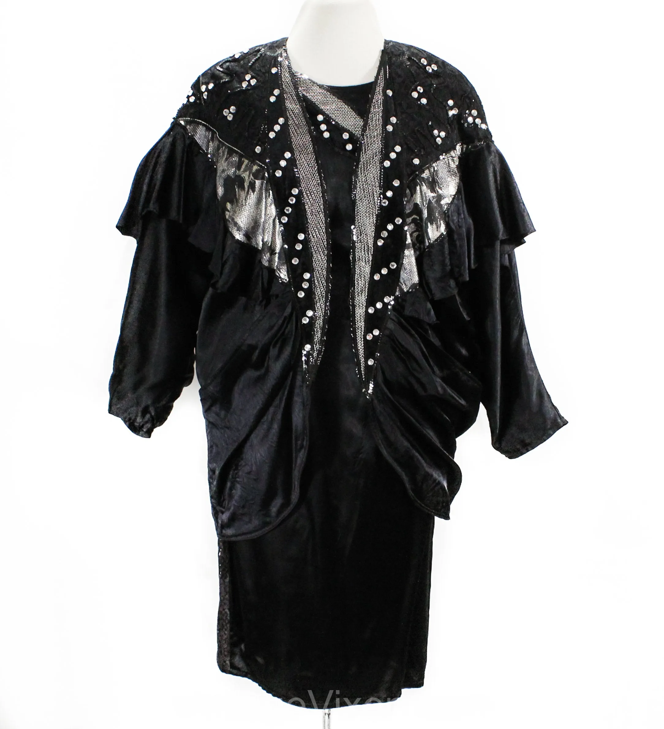 Size 16 Party Girl Outfit - 1990s Black Satin 3 Piece Set - Tank Top & Jacket with Skirt - Artsy Avant Garde Asymmetric Velvet Rhinestones