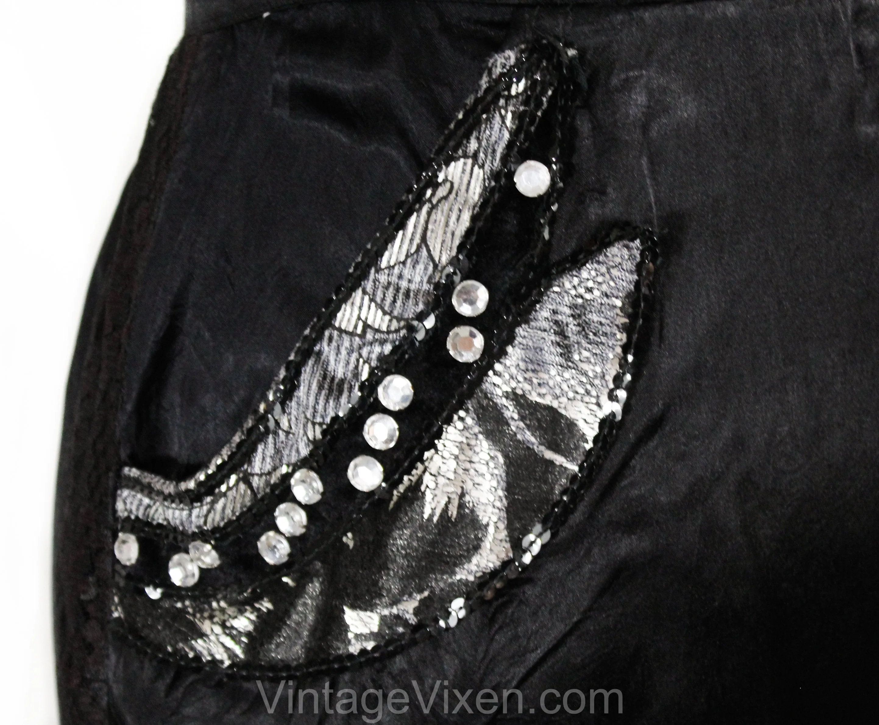 Size 16 Party Girl Outfit - 1990s Black Satin 3 Piece Set - Tank Top & Jacket with Skirt - Artsy Avant Garde Asymmetric Velvet Rhinestones