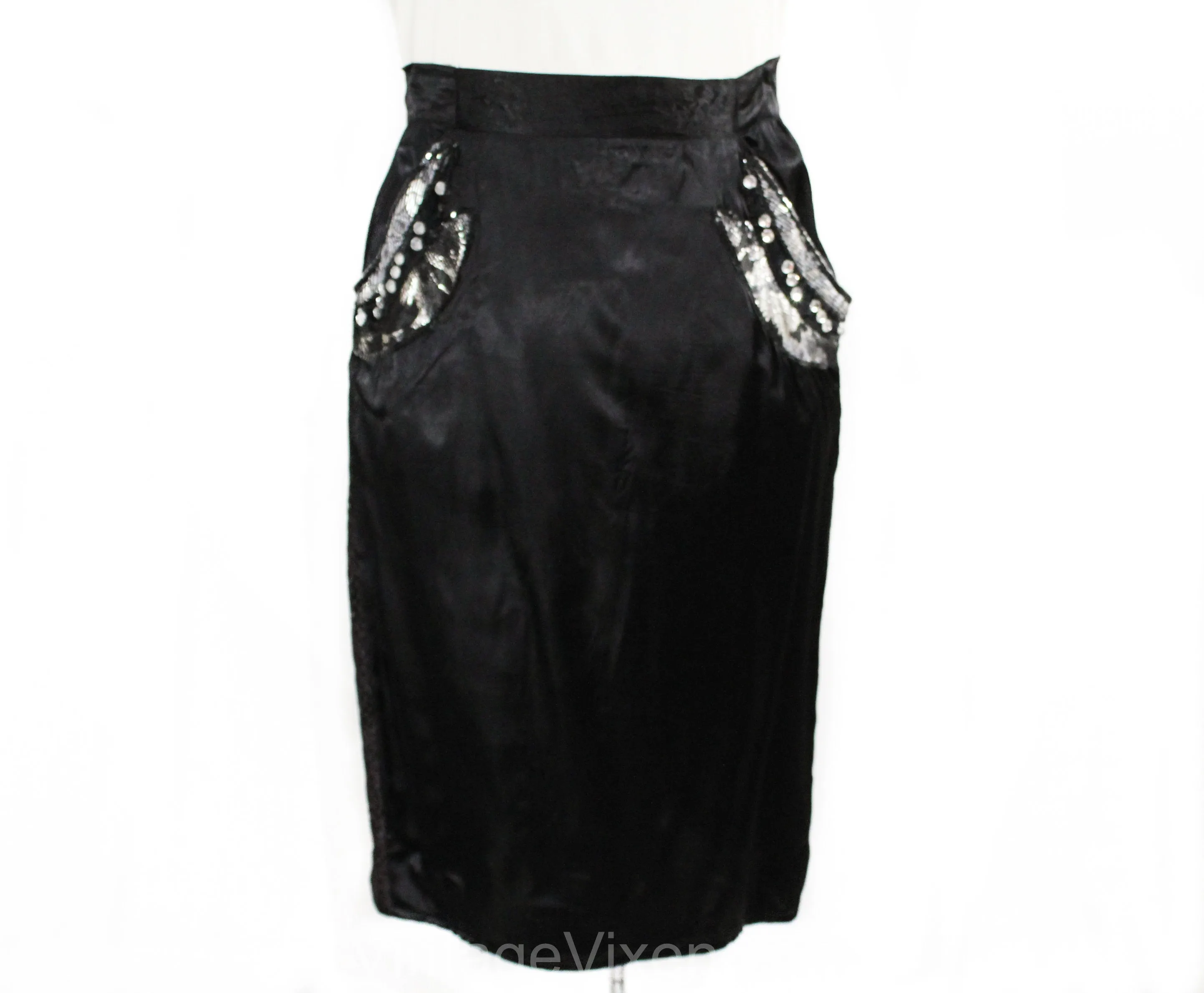Size 16 Party Girl Outfit - 1990s Black Satin 3 Piece Set - Tank Top & Jacket with Skirt - Artsy Avant Garde Asymmetric Velvet Rhinestones