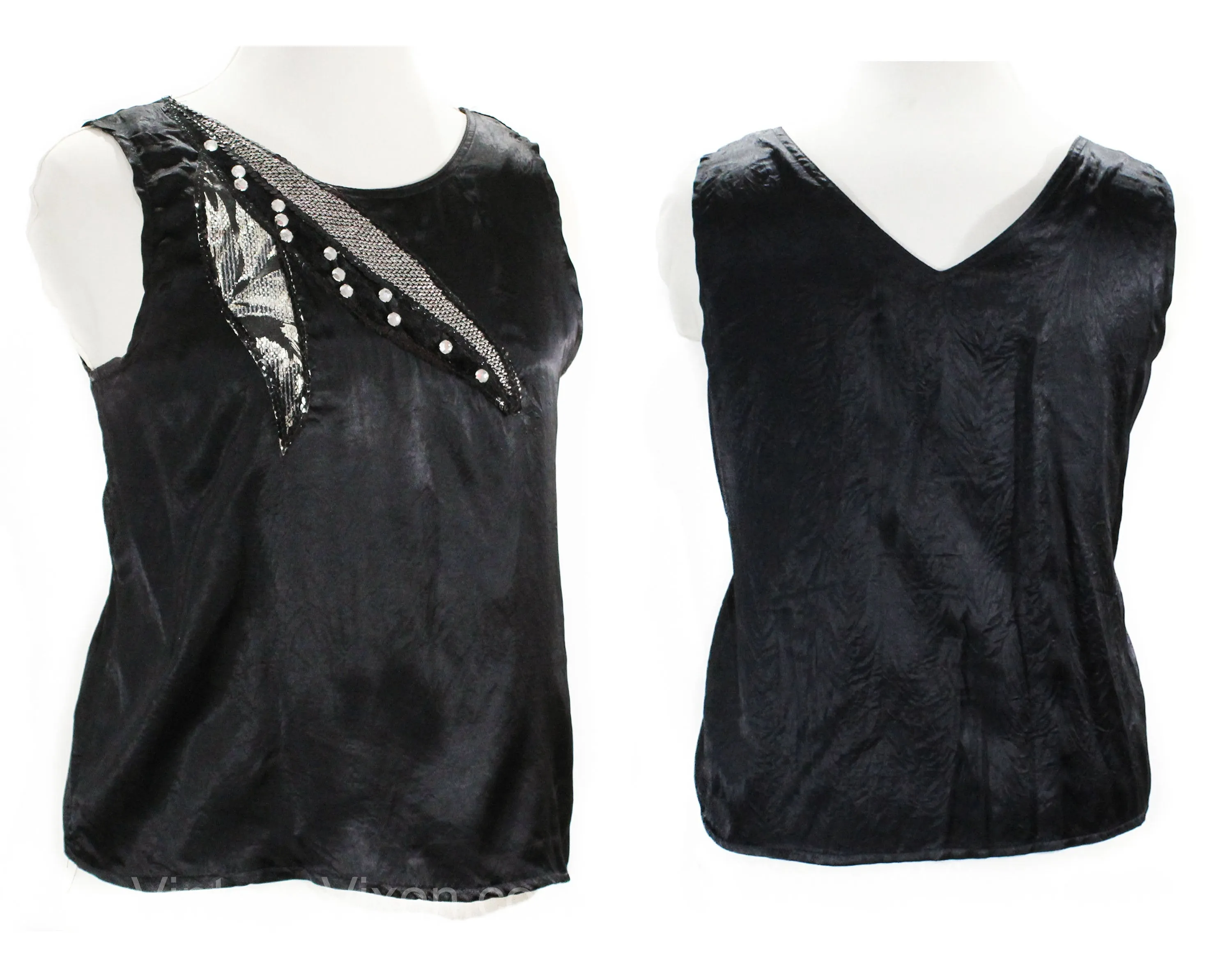 Size 16 Party Girl Outfit - 1990s Black Satin 3 Piece Set - Tank Top & Jacket with Skirt - Artsy Avant Garde Asymmetric Velvet Rhinestones