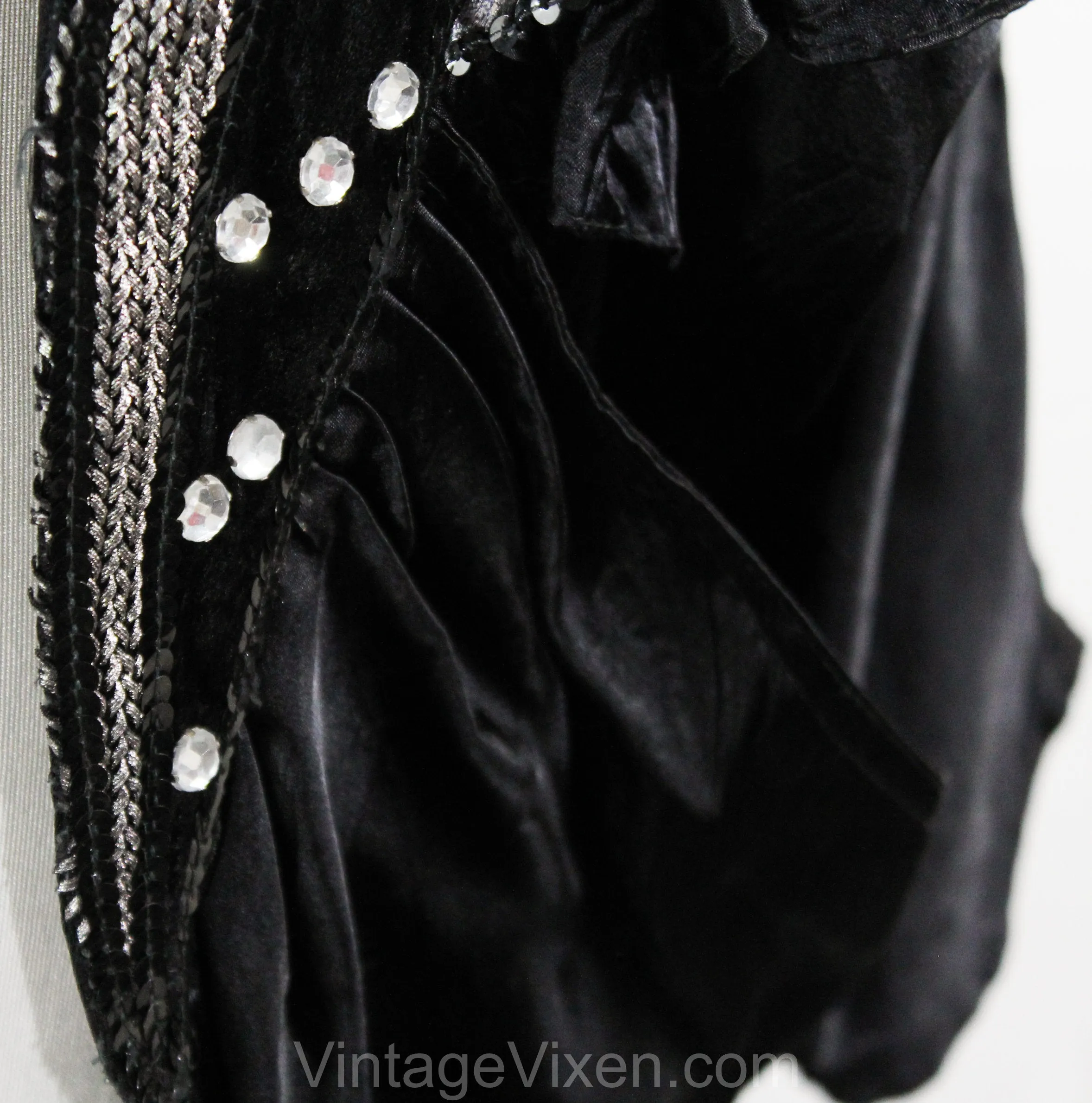 Size 16 Party Girl Outfit - 1990s Black Satin 3 Piece Set - Tank Top & Jacket with Skirt - Artsy Avant Garde Asymmetric Velvet Rhinestones