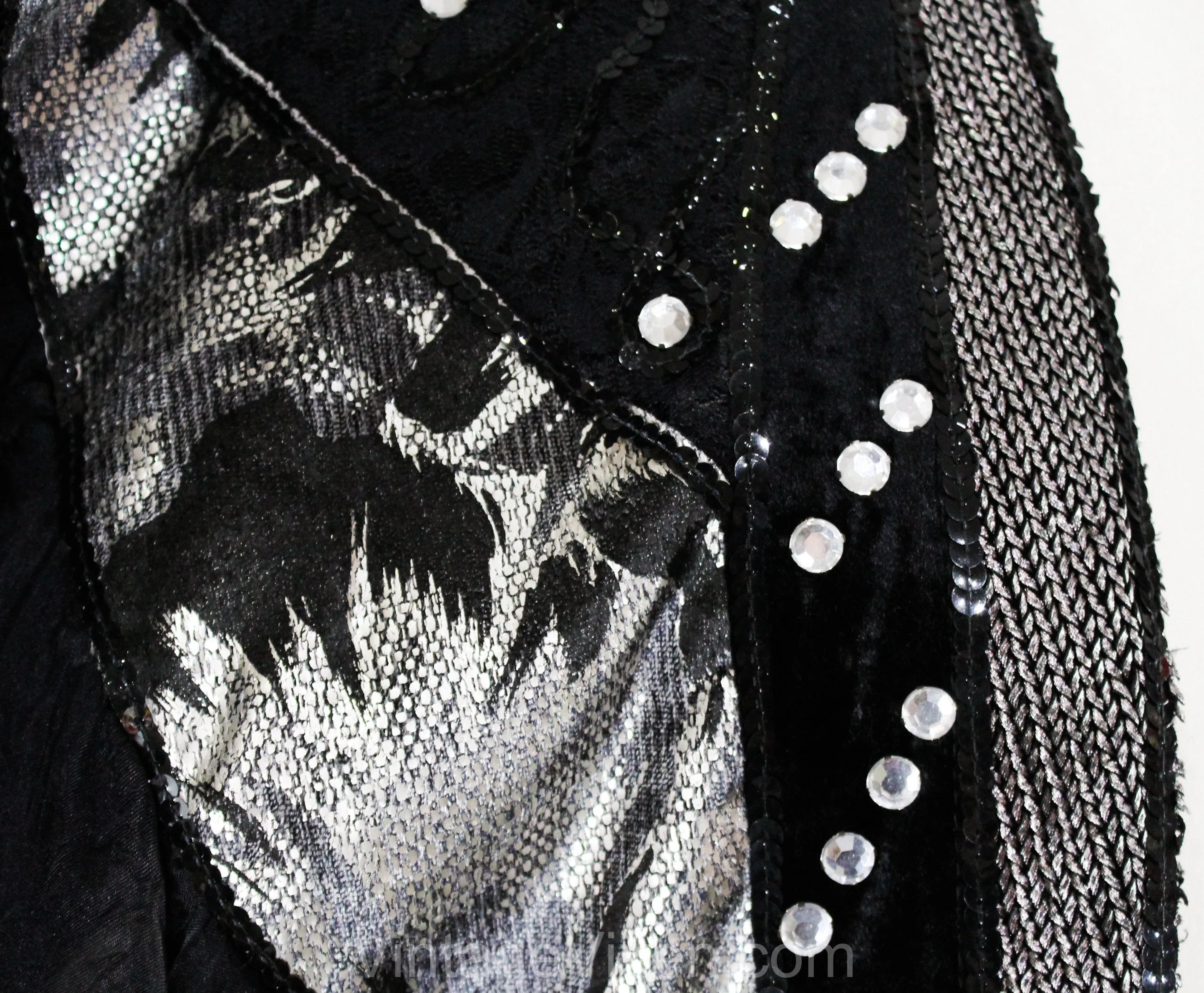 Size 16 Party Girl Outfit - 1990s Black Satin 3 Piece Set - Tank Top & Jacket with Skirt - Artsy Avant Garde Asymmetric Velvet Rhinestones