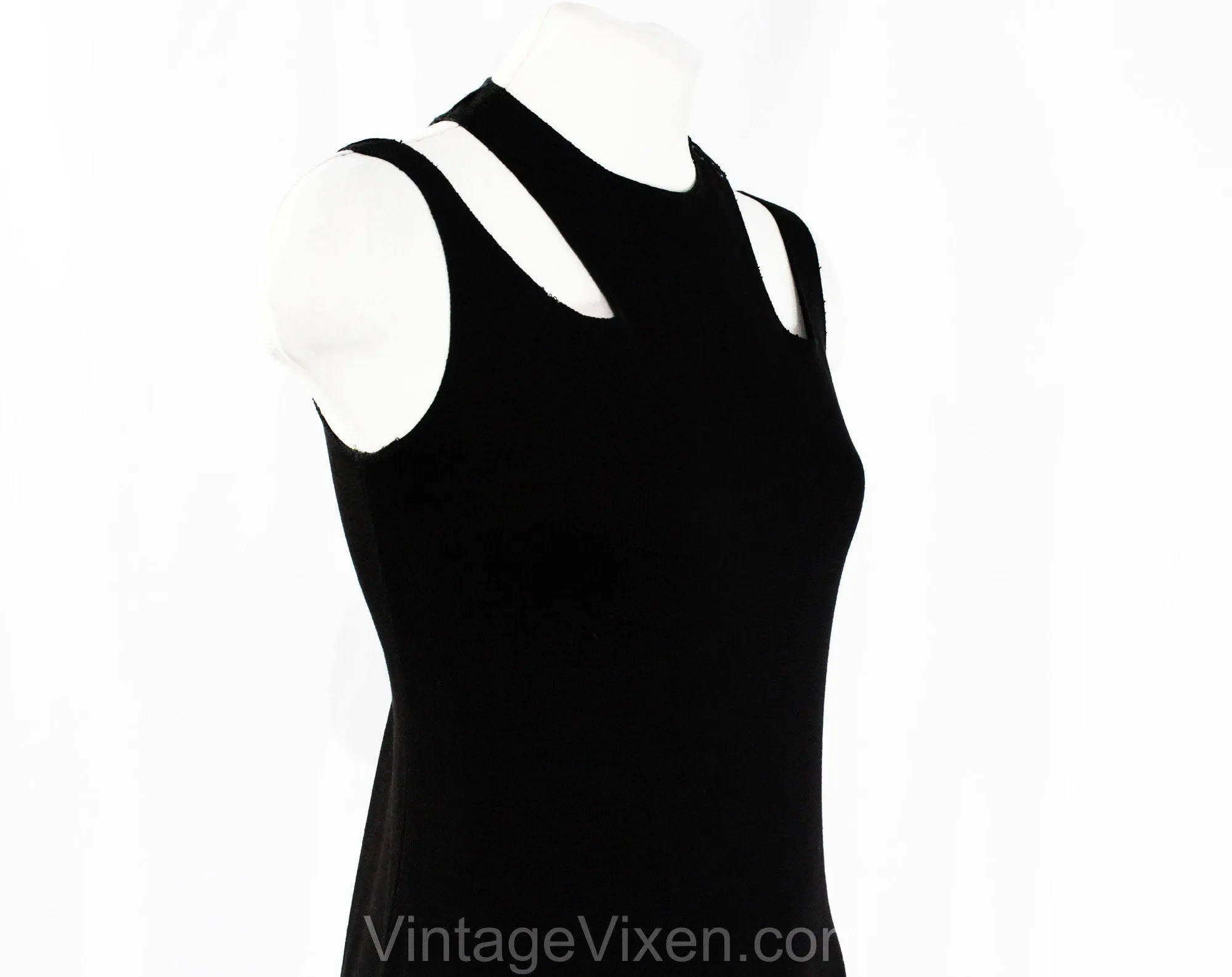 Size 4 Minimalist Dress - Sleeveless Black Cotton Knit by Japanese Designer Junko Koshino - 1920s Sport & Swim Inspired Cutouts - Bust 33