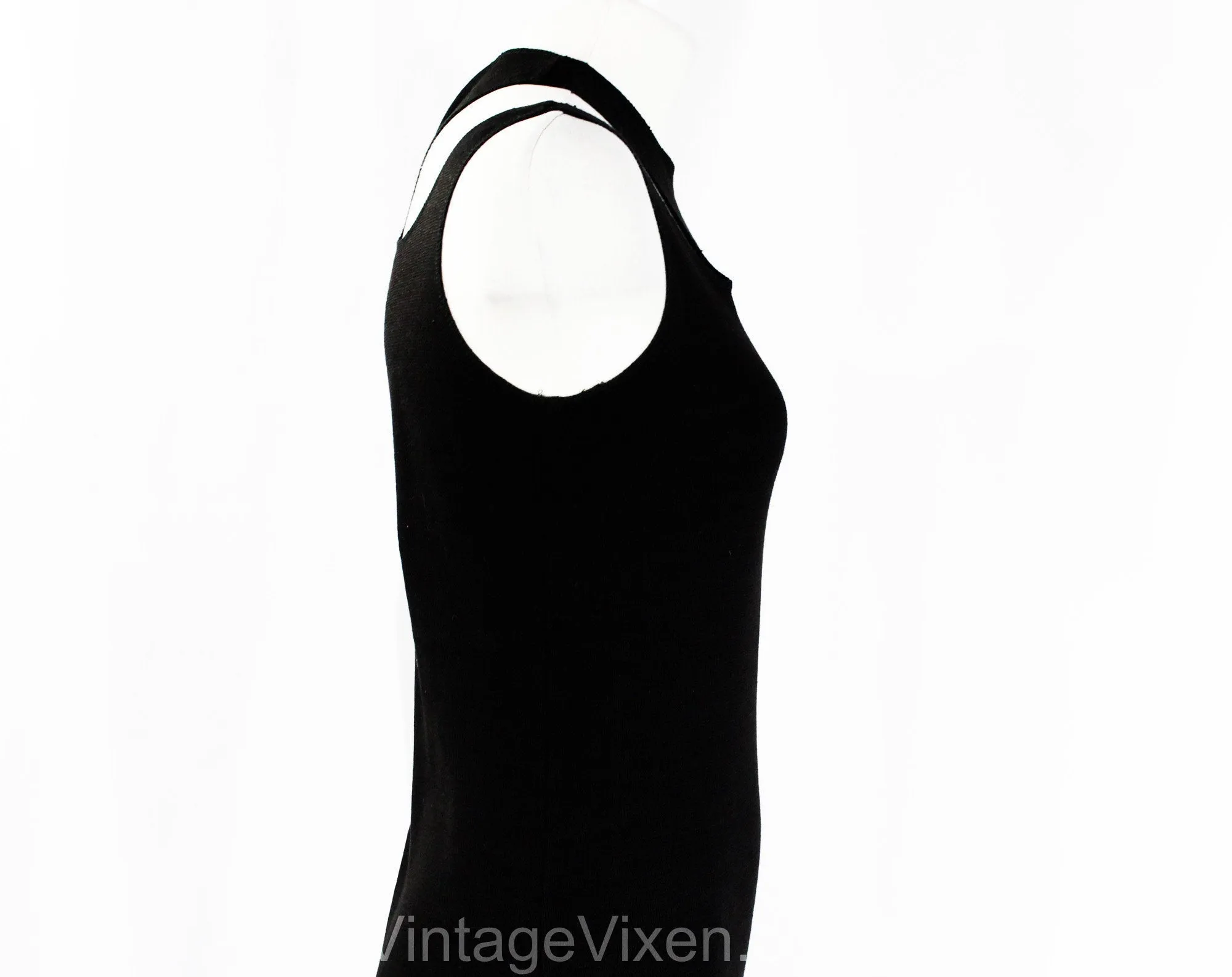 Size 4 Minimalist Dress - Sleeveless Black Cotton Knit by Japanese Designer Junko Koshino - 1920s Sport & Swim Inspired Cutouts - Bust 33