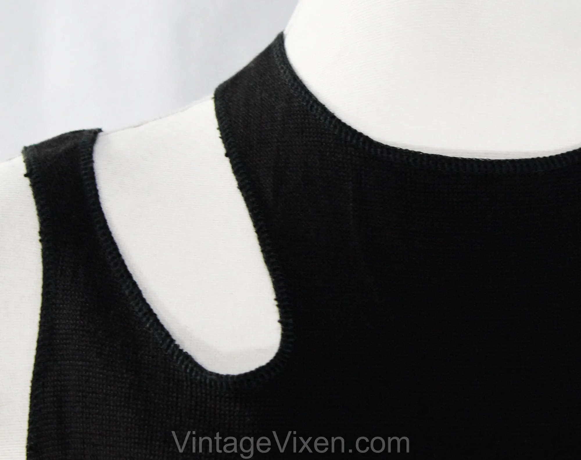 Size 4 Minimalist Dress - Sleeveless Black Cotton Knit by Japanese Designer Junko Koshino - 1920s Sport & Swim Inspired Cutouts - Bust 33