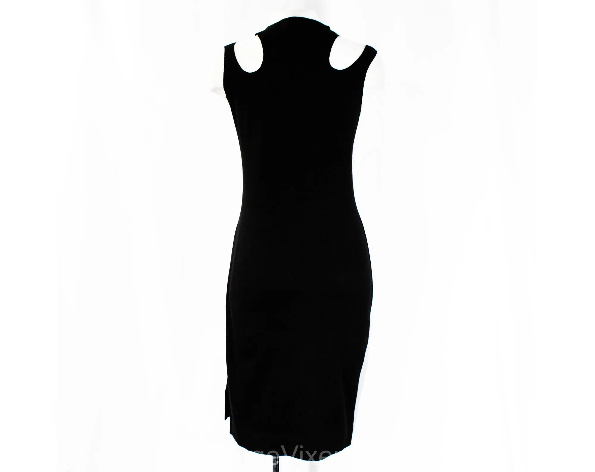 Size 4 Minimalist Dress - Sleeveless Black Cotton Knit by Japanese Designer Junko Koshino - 1920s Sport & Swim Inspired Cutouts - Bust 33
