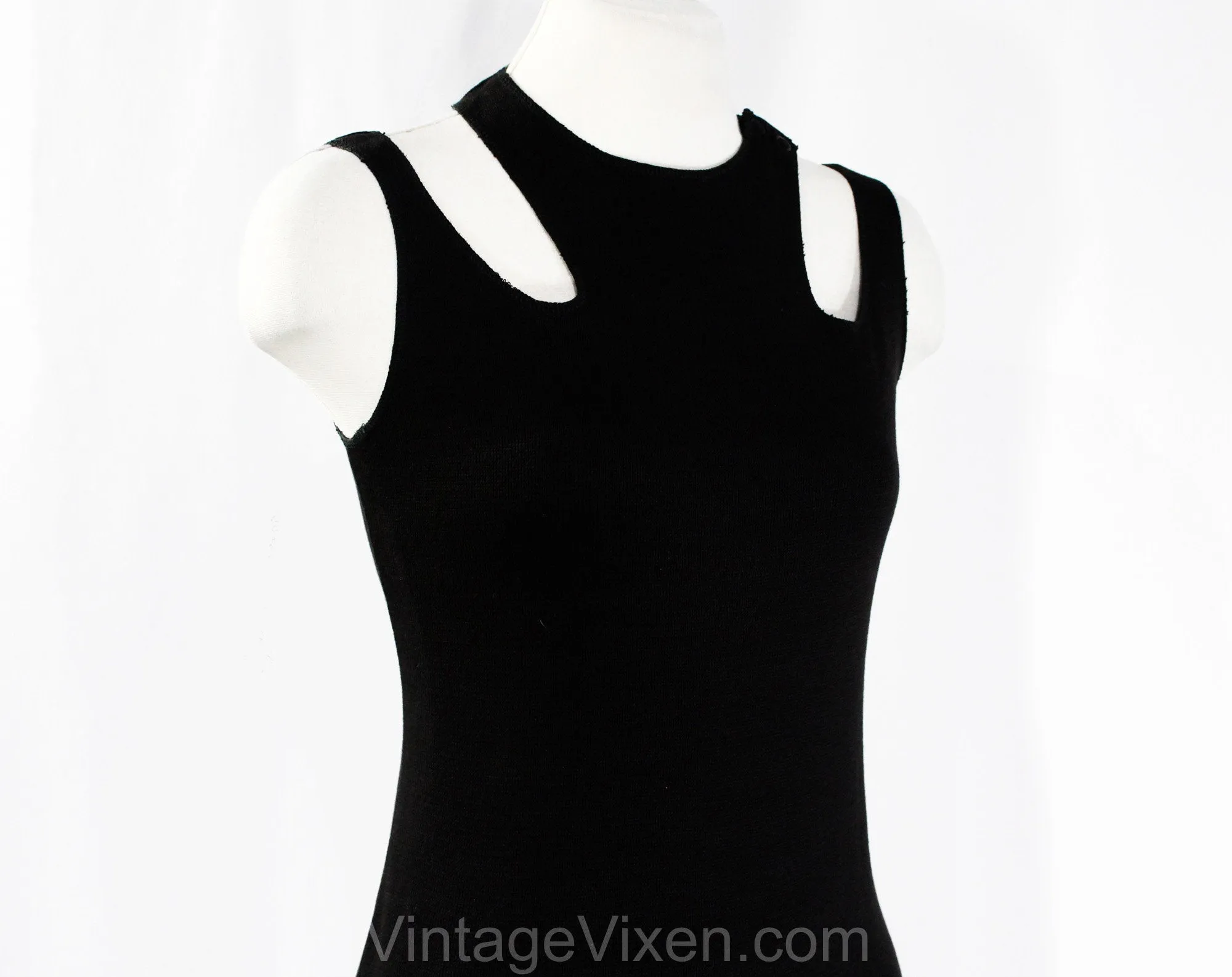 Size 4 Minimalist Dress - Sleeveless Black Cotton Knit by Japanese Designer Junko Koshino - 1920s Sport & Swim Inspired Cutouts - Bust 33